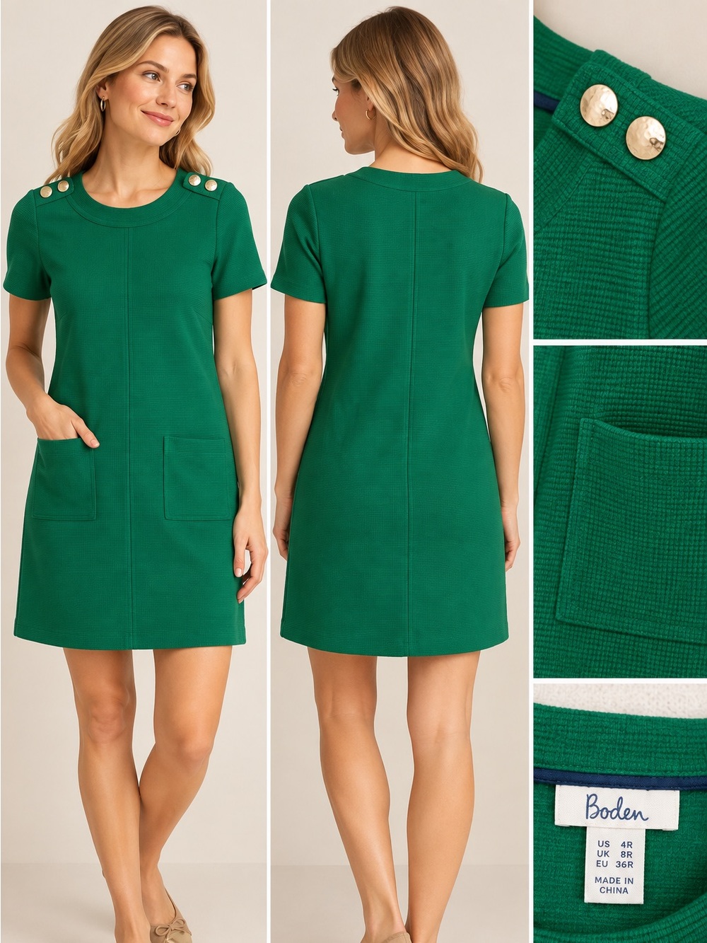 Boden Hermione Green Ottoman Knit Shift Dress Gold Buttons Pockets